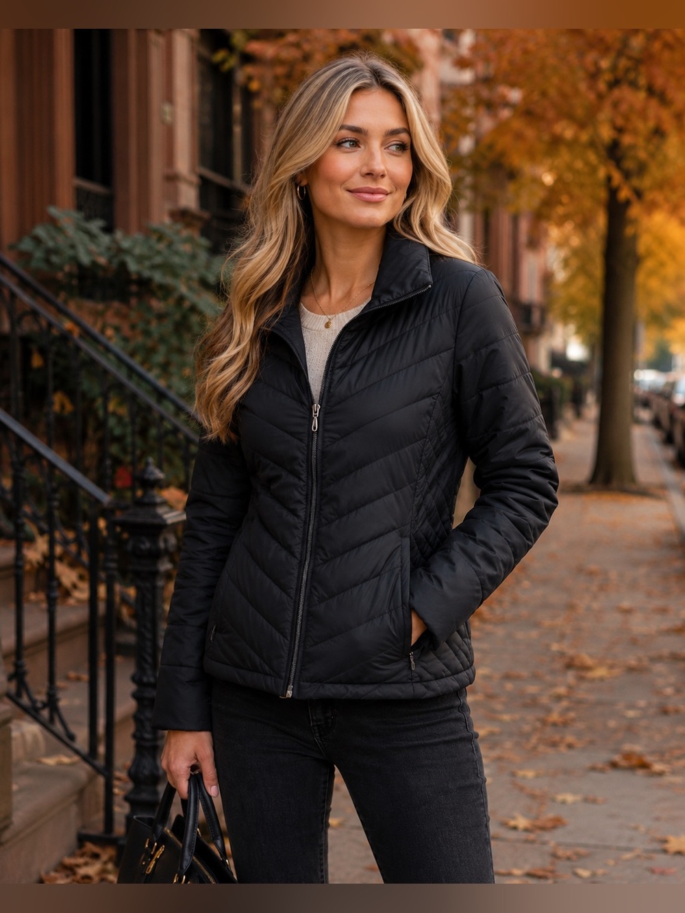 Kenneth Cole Reaction Black Chevron Quilted Down Puffer Jacket